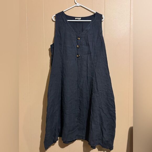 ALESSIA PACINI Women 1X %100 Linen Dark Blue Sleeveless  Dress w Button Detail - Picture 1 of 9